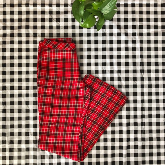 Retro Pants - Retro red plaid side slit pants